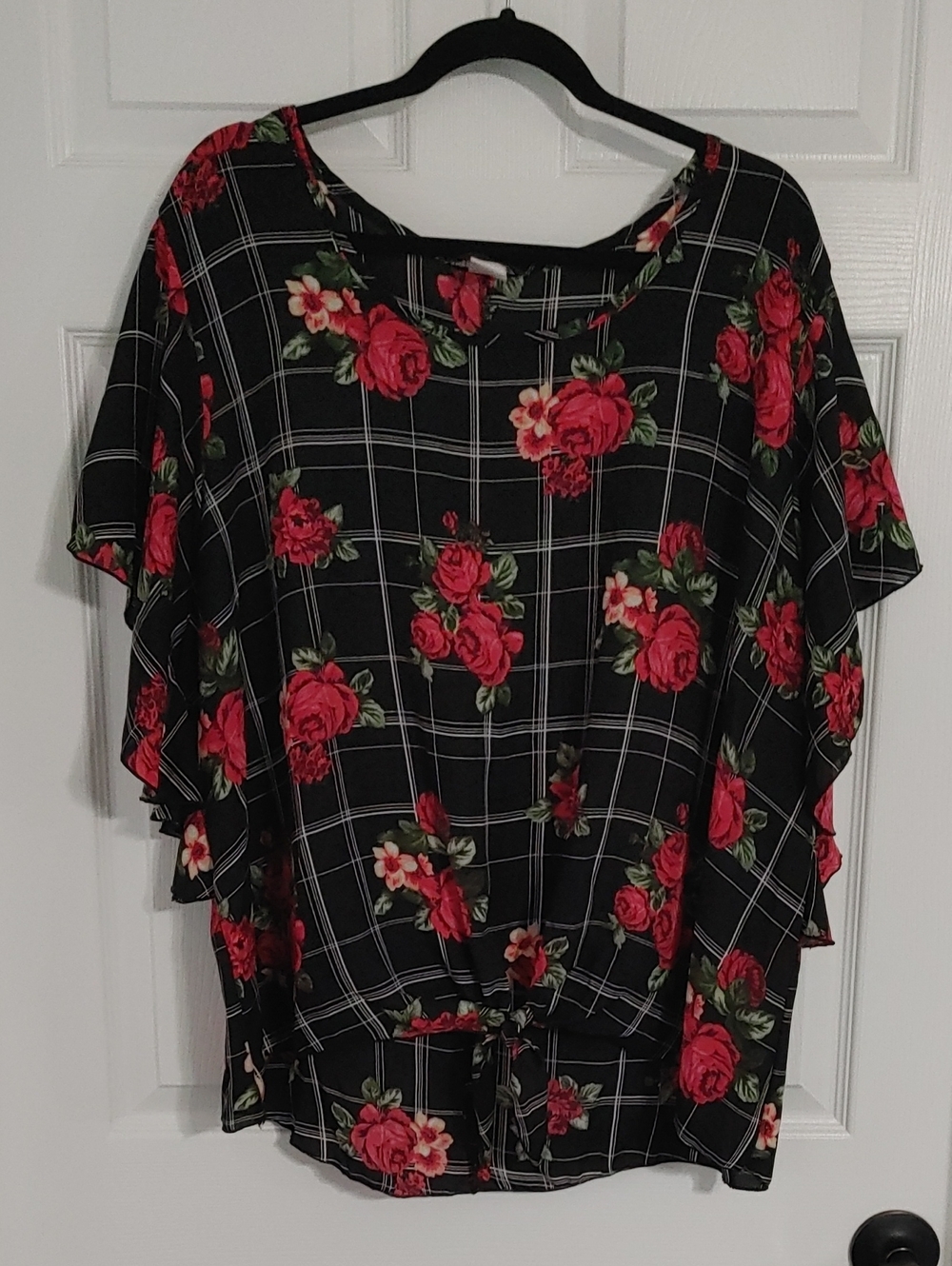 Sheer Black Plaid Sz 3XL Blouse by Discreet Flutter Sleeves Red RosesTie Hem